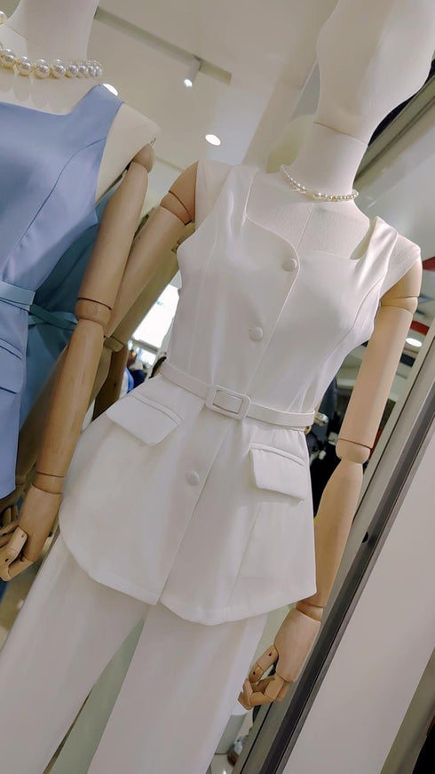 Single Breasted Square Neck Tops And Trousers Sets With Belt